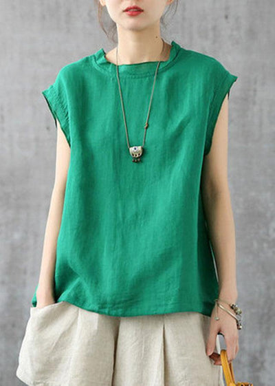 Stylish Green O-Neck Sleeveless Linen Summer Tops - SooLinen