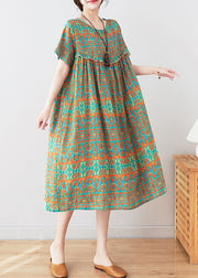 Stylish Green O Neck Wrinkled Print Patchwork Cotton Mid Dresses Summer