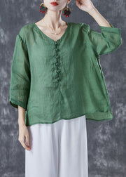 Stylish Green Oversized Chinese Button Linen Silk Blouses Bracelet Sleeve