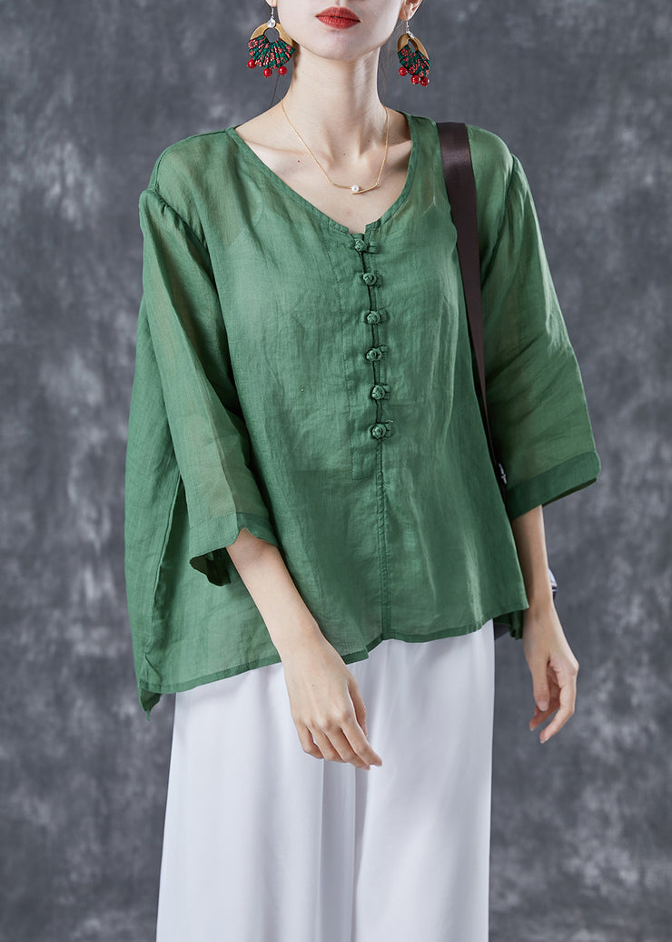 Stylish Green Oversized Chinese Button Linen Silk Blouses Bracelet Sleeve