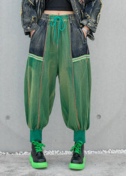 Stylish Green Pockets Patchwork Drawstring Harem Pants Spring