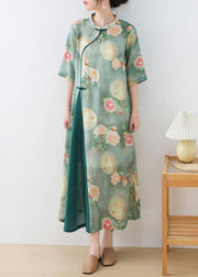 Stylish Green Print O-Neck Asymmetrical Design Dress Summer Ramie - SooLinen