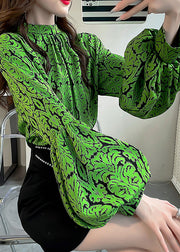 Stylish Green Print Stand Collar Chiffon Shirts Top Lantern Sleeve