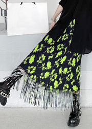 Stylish Green Print Tasseled Patchwork Cotton Maxi Skirts Summer