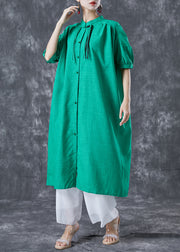 Stylish Green Stand Collar Oversized Tassel Cotton Shirt Dress Summer