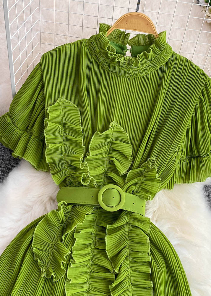 Stylish Green Stand Collar Ruffled Maxi Dress Short Sleeve