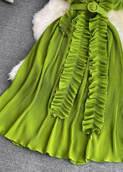 Stylish Green Stand Collar Ruffled Maxi Dress Short Sleeve