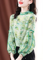 Stilvolles grünes Chiffon-Hemd mit Laternenärmeln und Stehkragen