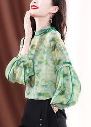 Stylish Green Stand Collar Tie Dye Oriental Button Chiffon Shirt Lantern Sleeve