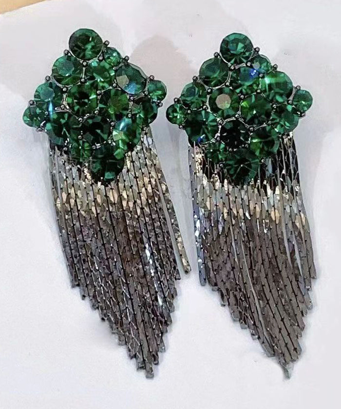 Stylish Green Stering Silver Overgild Diamond Zircon Tassel Drop Earrings