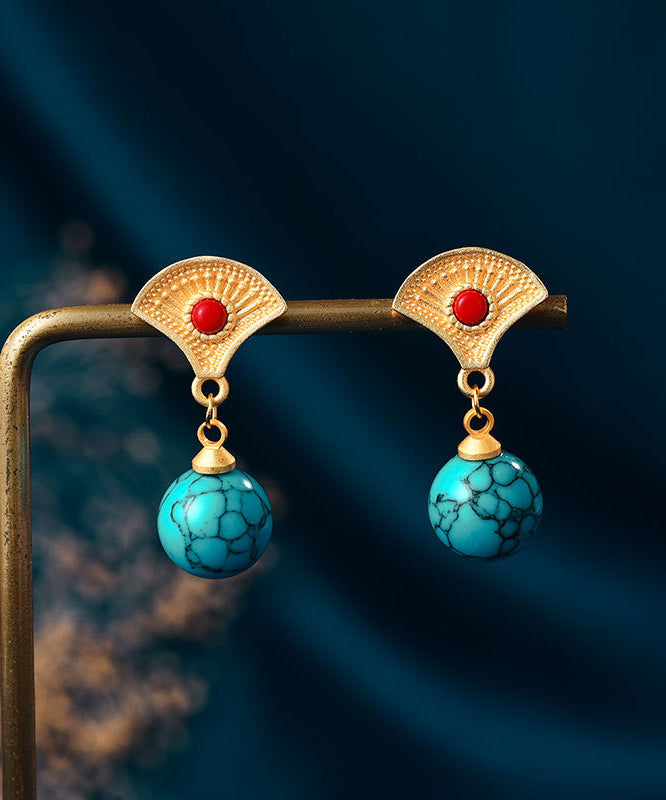 Stylish Green Sterling Silver Gold Plated Inlaid Turquoise Drop Earrings