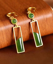 Stylish Green Sterling Silver Inlaid Jade Gem Stone Drop Earrings
