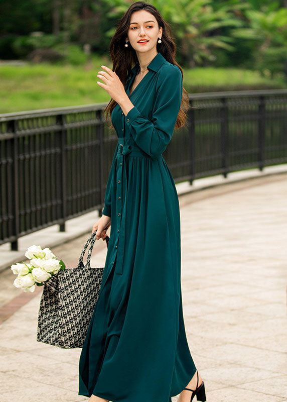 Stylish Green V Neck Button Wrinkled Silk Holiday Dress Fall