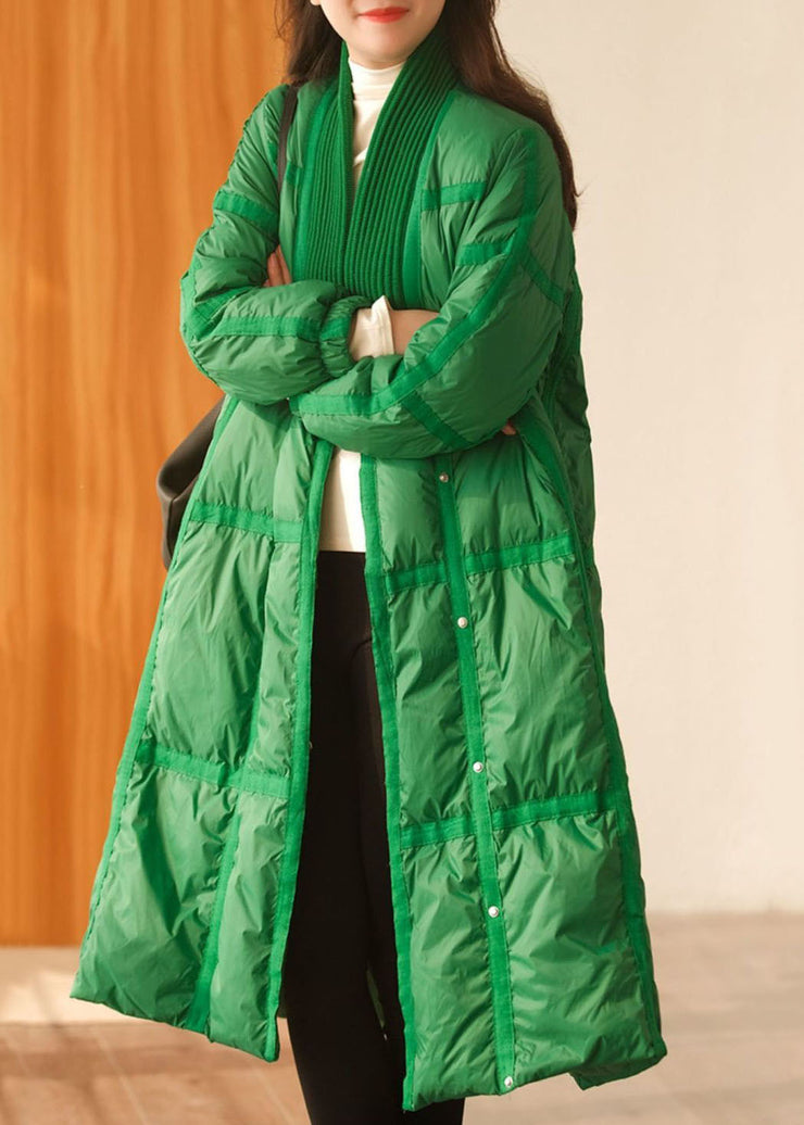Stylish Green V Neck Knit Patchwork Duck Down Down Coats Winter