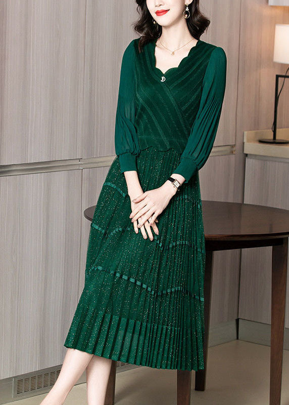 Stilvolles grünes Patchwork mit V-Ausschnitt, zerknitterte lange Seidenkleider mit langen Ärmeln