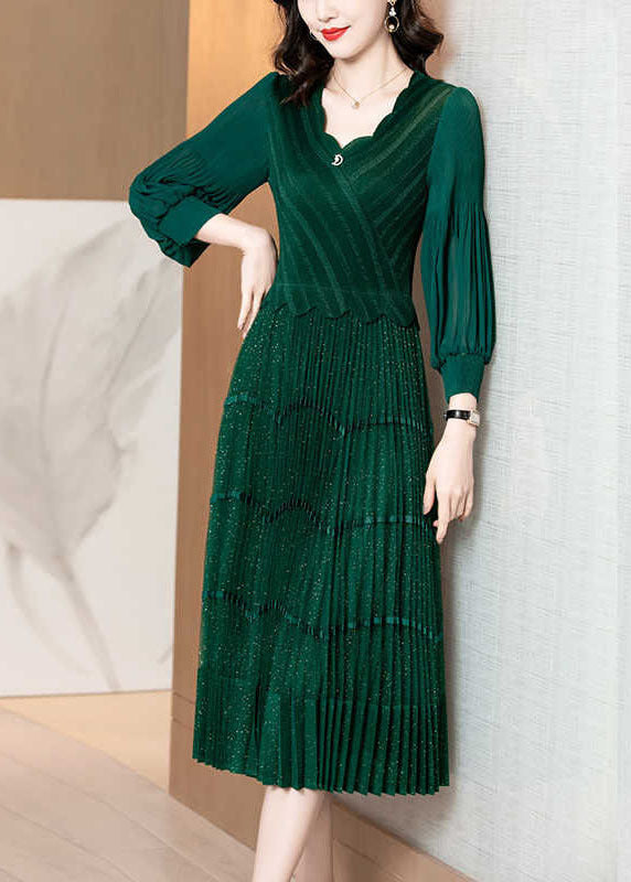 Stilvolles grünes Patchwork mit V-Ausschnitt, zerknitterte lange Seidenkleider mit langen Ärmeln