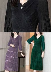 Stylish Green V Neck Patchwork Wrinkled Silk Long Dresses Long Sleeve