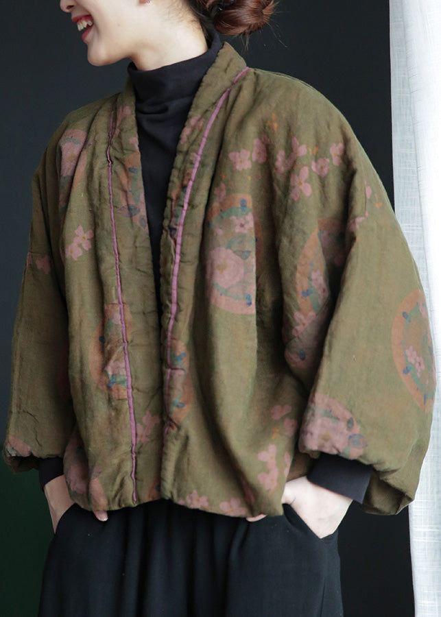 Stylish Green V Neck Print Button Warm Fleece Linen Parka Winter