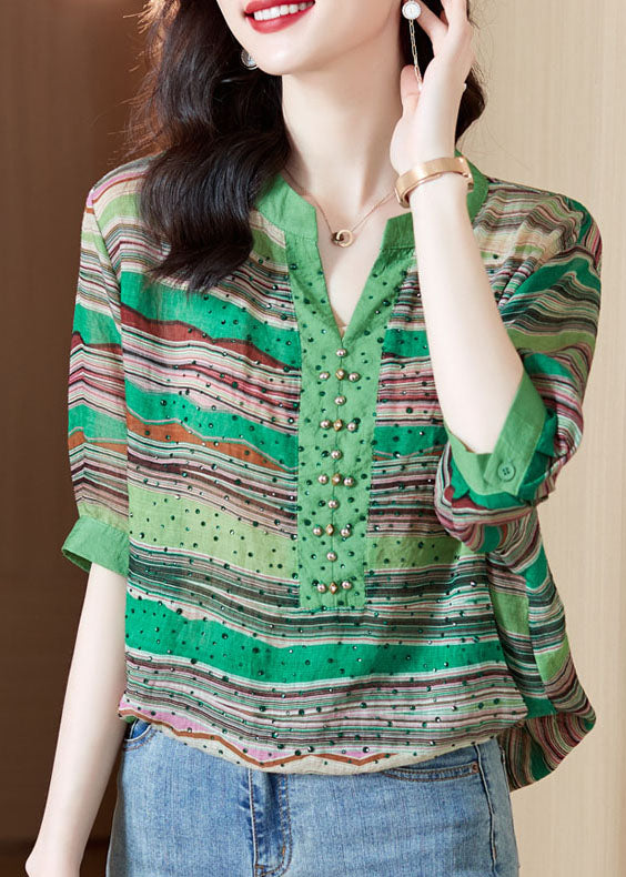 Stylish Green V Neck Striped Print Cotton Shirts Short Sleeve