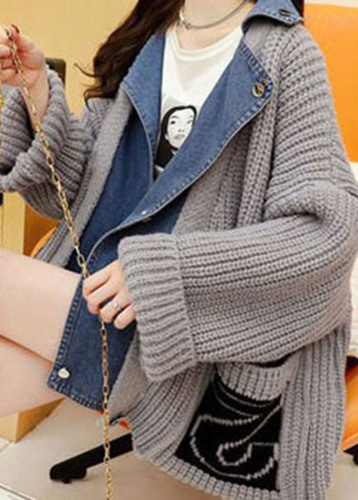 Stylish Grey Denim Patchwork Knit Casual Fall sweaters Coat