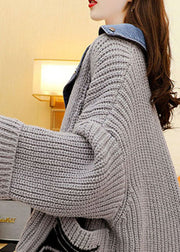 Stylish Grey Denim Patchwork Knit Casual Fall sweaters Coat