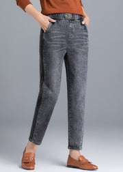 Stylish Grey Elastic Waist Pockets Vertical Striped Cotton Harem Pants For Women Summer