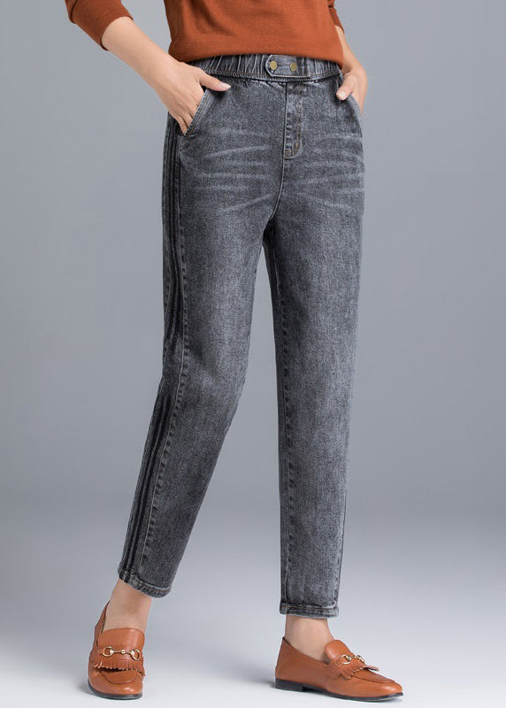 Stylish Grey Elastic Waist Pockets Vertical Striped Cotton Harem Pants For Women Summer