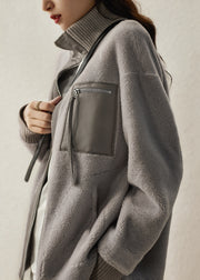 Stylish Grey Oversized PU Patchwork Wool Coat Fall