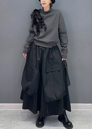 Stylish Grey Ruffled Sweatshirt And Black Skirts Cotton Two Piece Set Fall