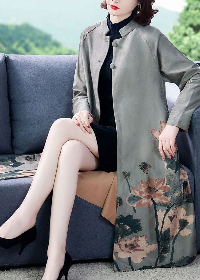 Stylish Grey Stand Collar Oversized Print Faux Suede Coat Long Sleeve
