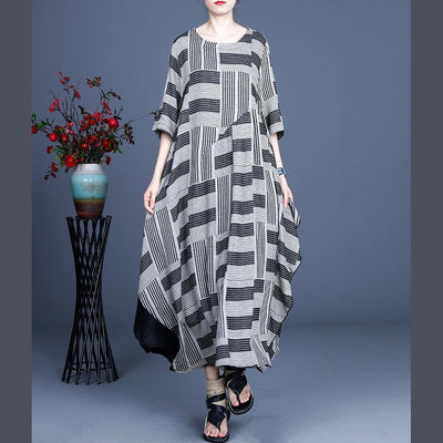 Stylish Grey Striped Patchwork Dress Summer Cotton Linen Dress - SooLinen