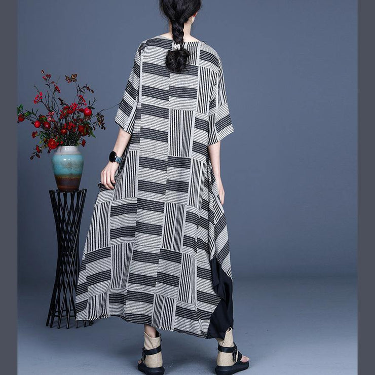 Stylish Grey Striped Patchwork Dress Summer Cotton Linen Dress - SooLinen