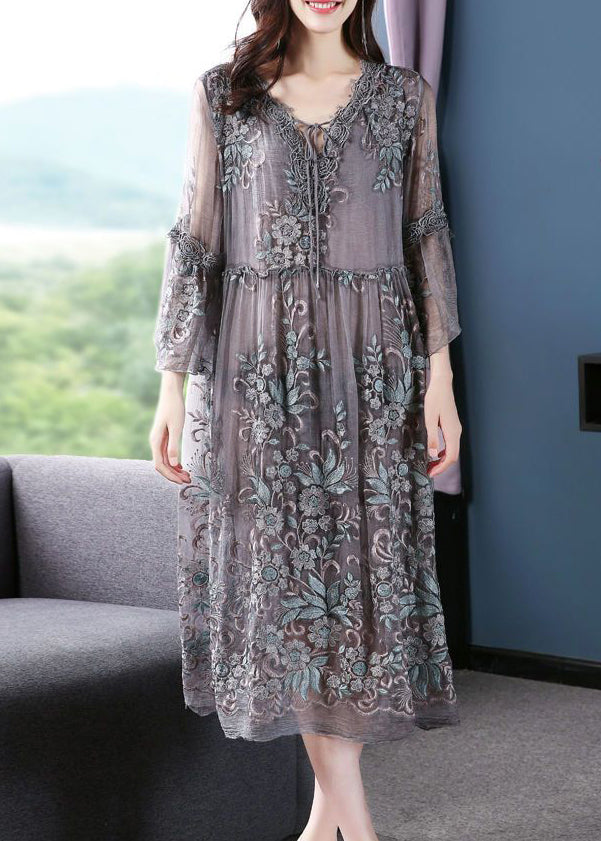 Stylish Grey V Neck Embroidered Lace Up Silk Dress Summer