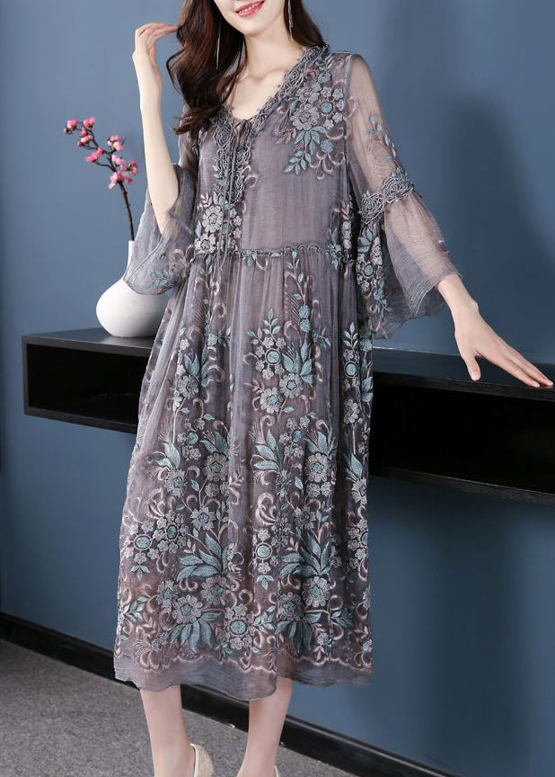 Stylish Grey V Neck Embroidered Lace Up Silk Dress Summer