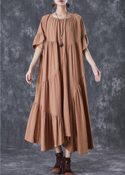 Stylish Khaki Asymmetrical Wrinkled Cotton Party Dress Flare Sleeve