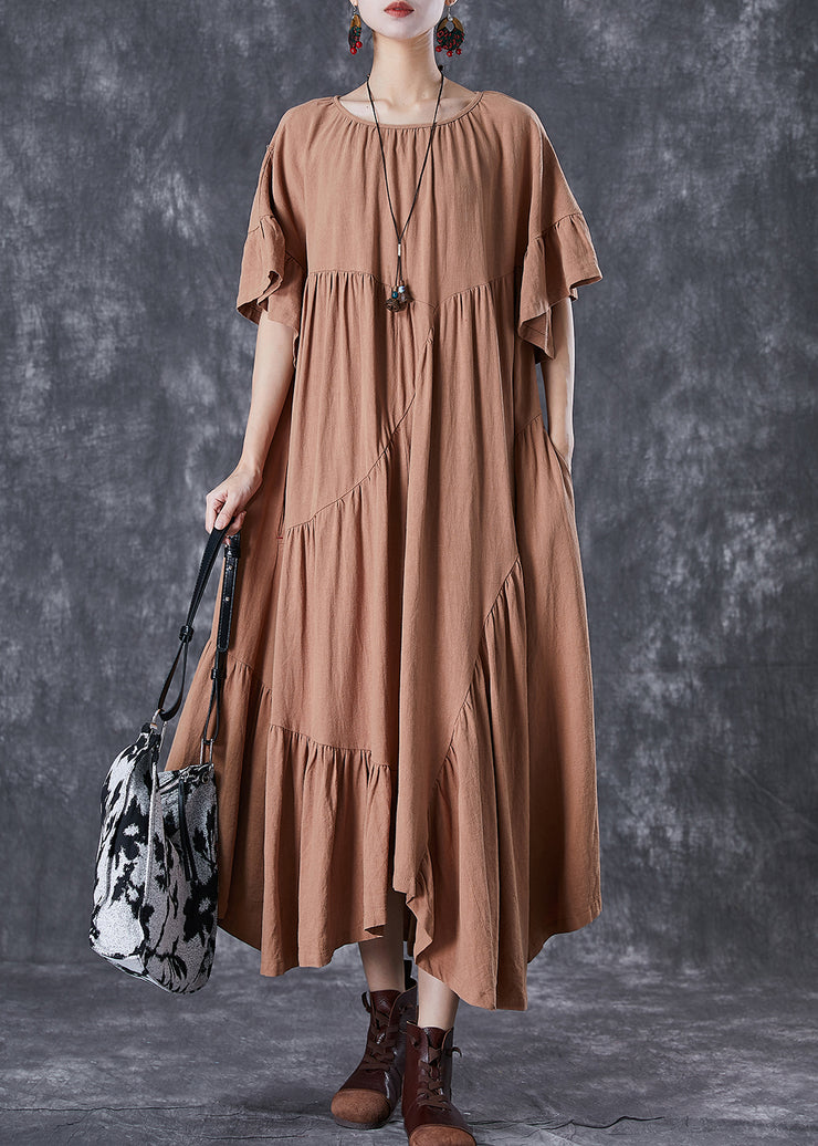 Stylish Khaki Asymmetrical Wrinkled Cotton Party Dress Flare Sleeve