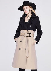 Stylish Khaki Black Peter Pan Collar Patchwork Double Breast Cotton Cinch Trench Coats Spring
