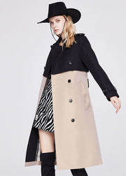 Stylish Khaki Black Peter Pan Collar Patchwork Double Breast Cotton Cinch Trench Coats Spring