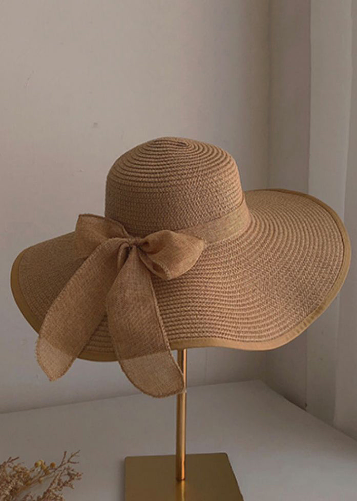 Stylish Khaki Bow Straw Woven Floppy Sun Hat