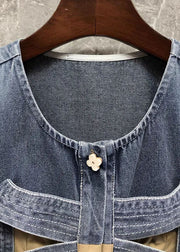Stylish Khaki Denim Bow Patchwork Linen Cotton Shirts Top Summer