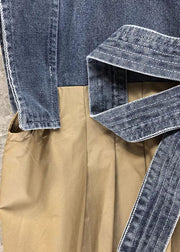 Stylish Khaki Denim Bow Patchwork Linen Cotton Shirts Top Summer