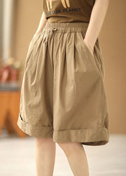 Stylish Khaki Elastic Waist Pockets Solid Color Cotton Wide Leg Shorts Summer