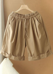 Stylish Khaki Elastic Waist Pockets Solid Color Cotton Wide Leg Shorts Summer