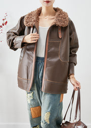 Stylish Khaki Fur Collar Patchwork Thick Faux Leather Jackets Winter