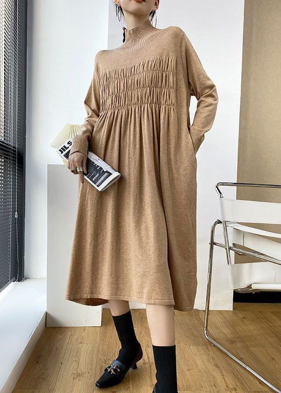 Stylish Khaki High Neck Oversized Wrinkled Knit Dresses Spring