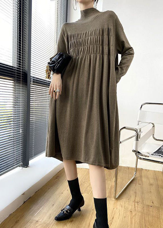 Stylish Khaki High Neck Oversized Wrinkled Knit Dresses Spring
