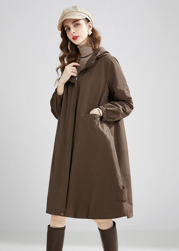 Stylish Khaki Hooded Oversized Pockets Warm Fleece Trench Winter