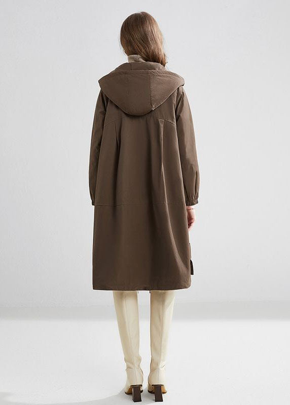 Stylish Khaki Hooded Oversized Pockets Warm Fleece Trench Winter