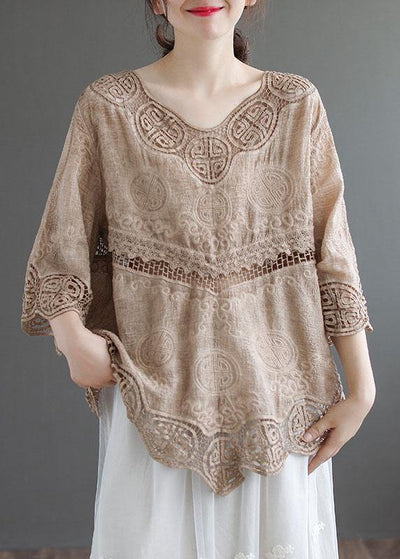 Stylish Khaki O-Neck Embroideried Summer Asymmetrical Design Top - SooLinen