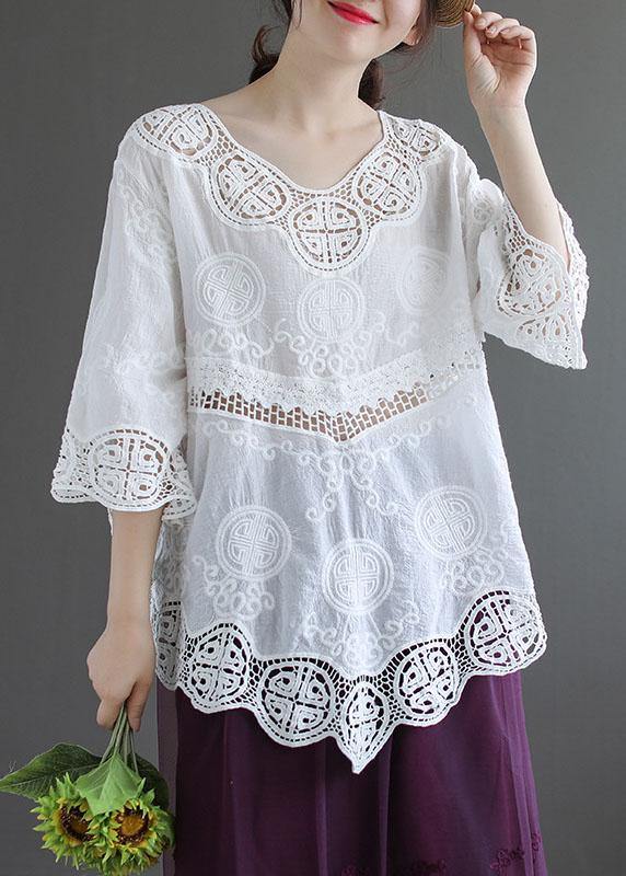 Stylish Khaki O-Neck Embroideried Summer Asymmetrical Design Top - SooLinen
